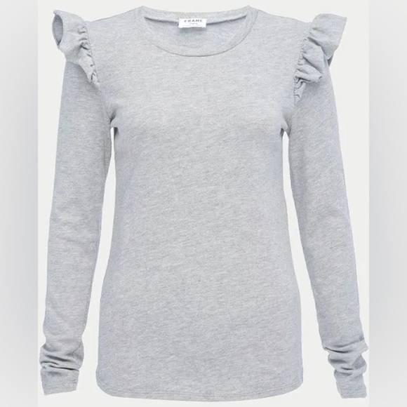 Frame Ruffle Crewneck Long Sleeve Cotton Top in Gray Size XS - Picture 1 of 3